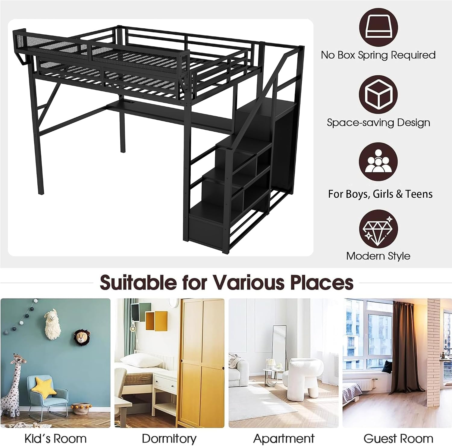 Metal Loft Bed with Desk and RGB LED Lights,Kids Loft Beds with Stairs and Charging Station,Full Size Loft Bed with Storage Shelves for Upper and Wardrobe,Loft Beds Frame for Kids(Black)