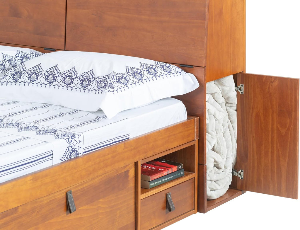 memomad Bali Set: Storage Platform Bed with Drawers + Bookcase Headboard (Full Size, Caramel Brown Wood)
