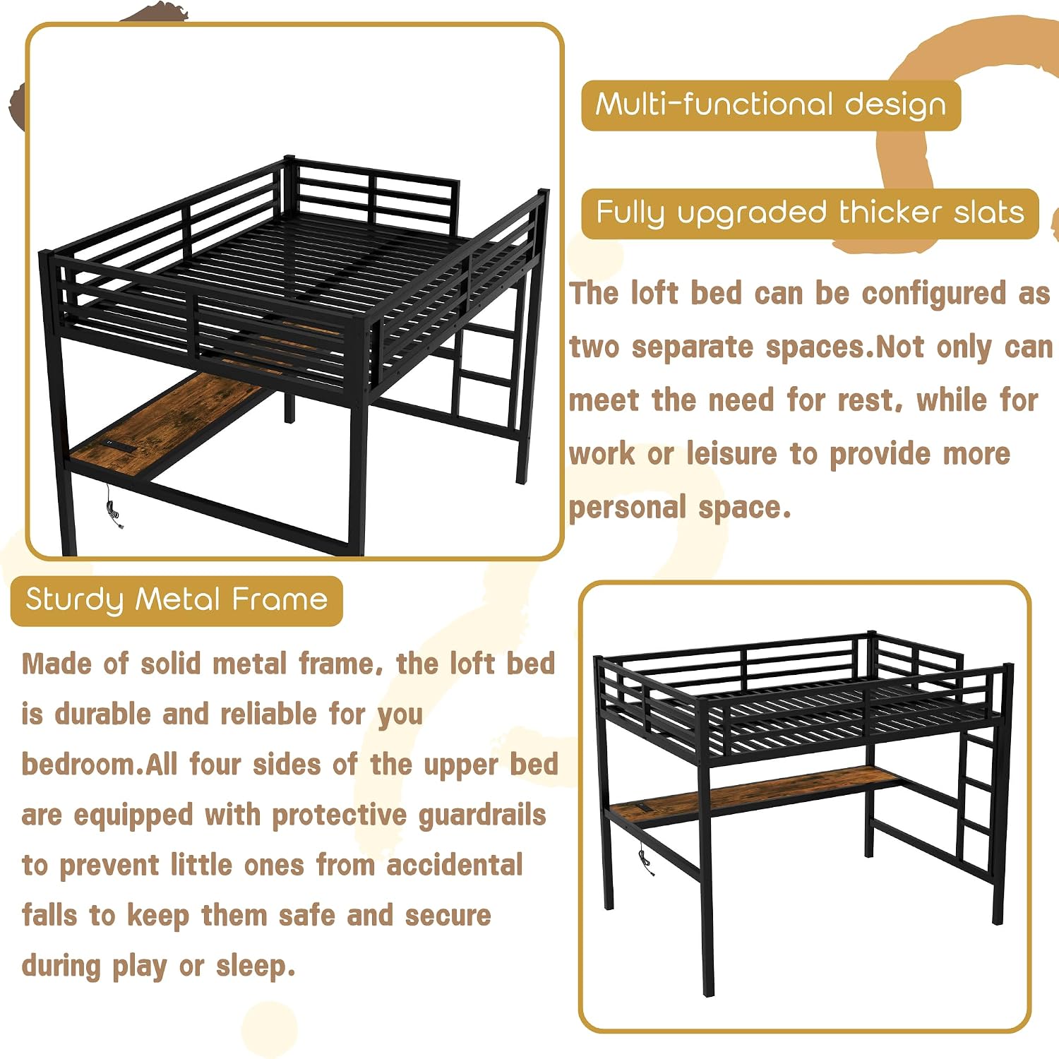 Bellemave Full Loft Bed with Desk, Metal Loft Bed Frame with Ladder, LED Lights and Power Outlet for Kids, Boys, Girls, No Spring Box Needed, Black