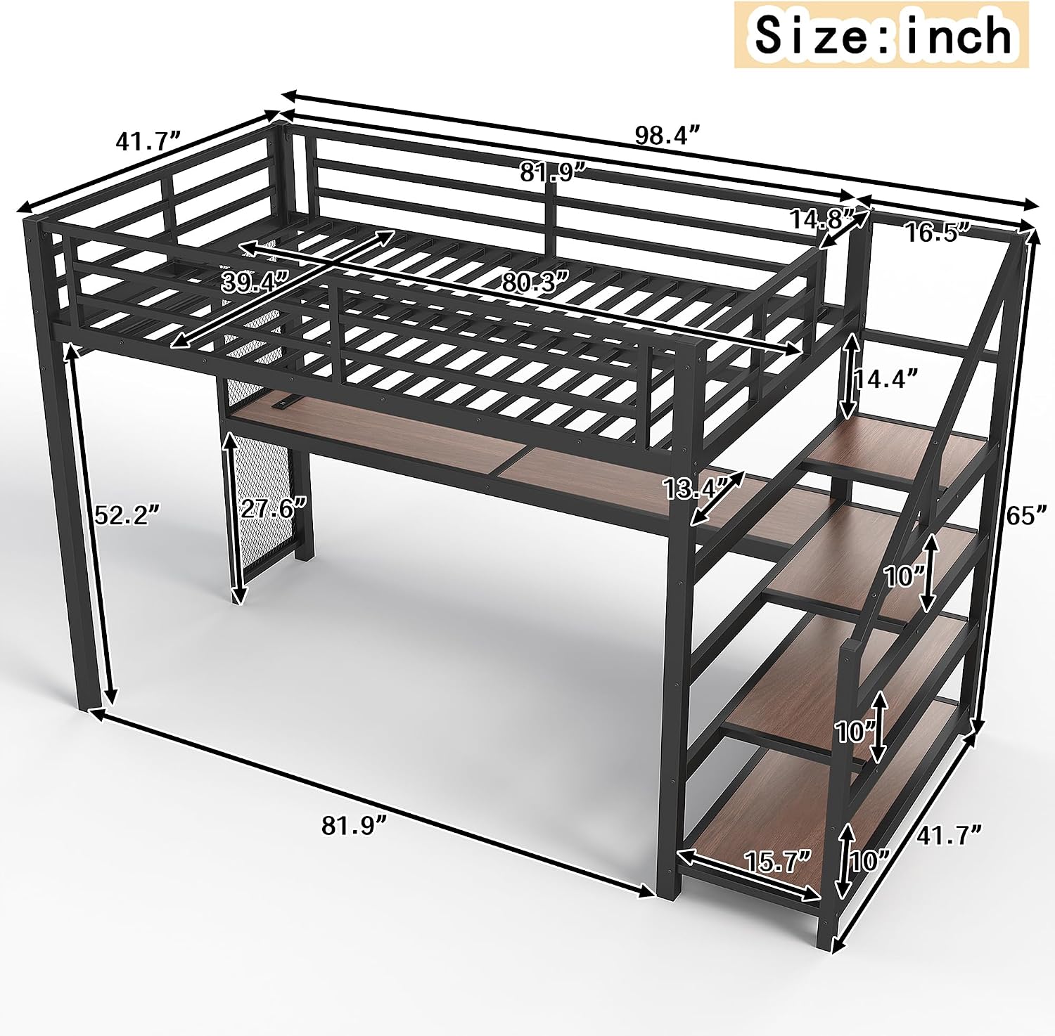 Bellemave Twin XL Loft Bed with Desk & Storage Stairs, Metal Twin XL Loft Bed Frame with Iron Nets, LED Lights & USB Ports, Heavy Duty Adult Loft Beds for Kids, Teens, Adults, Noise-Free, Black