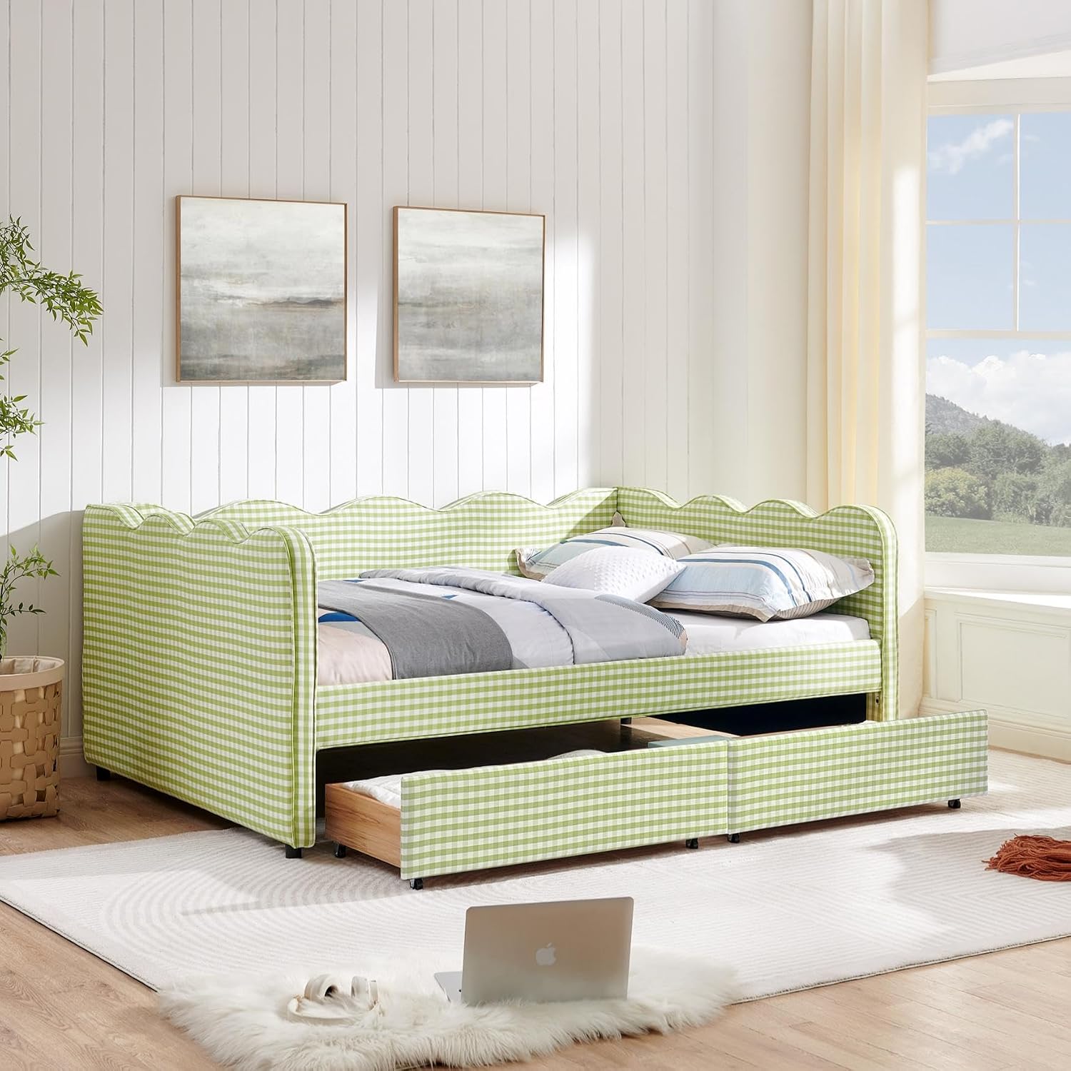 DEINPPA Full Size Upholstered Daybed with 2 Storage Drawers, Gingham Daybed with USB Ports for Bedroom Living Room Guest Room-Green