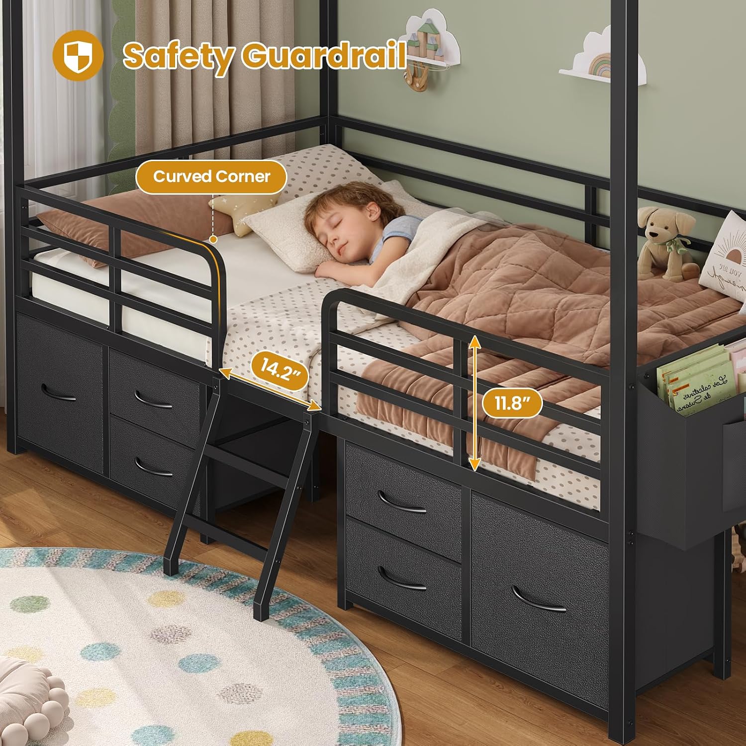 ADORNEVE Twin Size Bed Frame with 6 Drawers,House Bed with Globe String Lights Plug in,Metal Kids Bed with Safety Guardrail & Inclined Ladder,No Box Sping Needed,Black