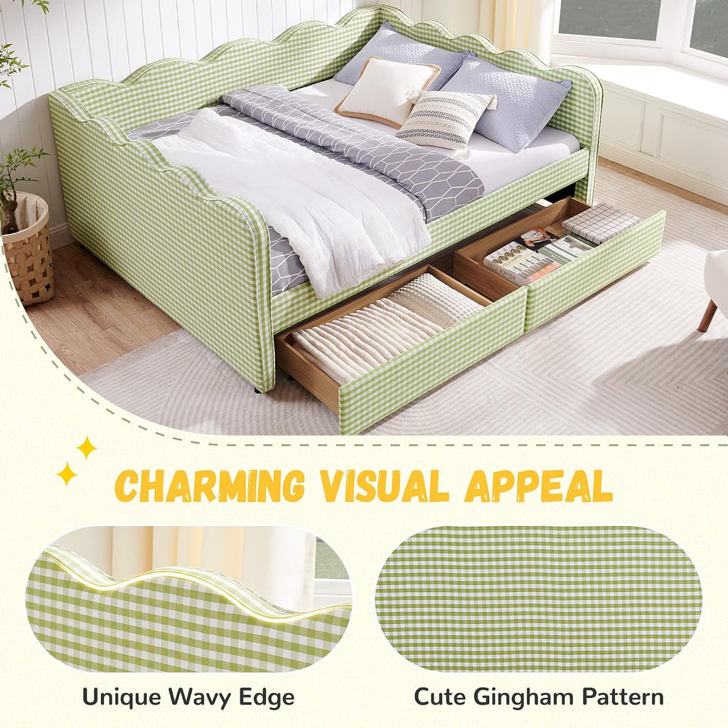 DEINPPA Queen Size Upholstered Daybed with 2 Storage Drawers, Gingham Daybed with USB Ports for Bedroom Living Room Guest Room-Green