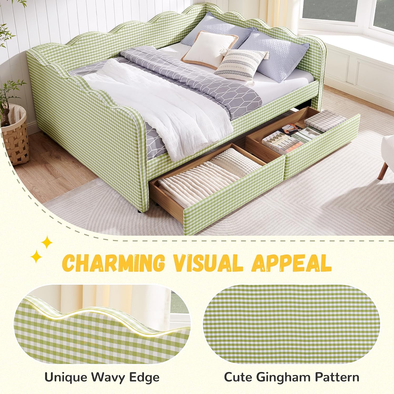 DEINPPA Queen Size Upholstered Daybed with 2 Storage Drawers, Gingham Daybed with USB Ports for Bedroom Living Room Guest Room-Green