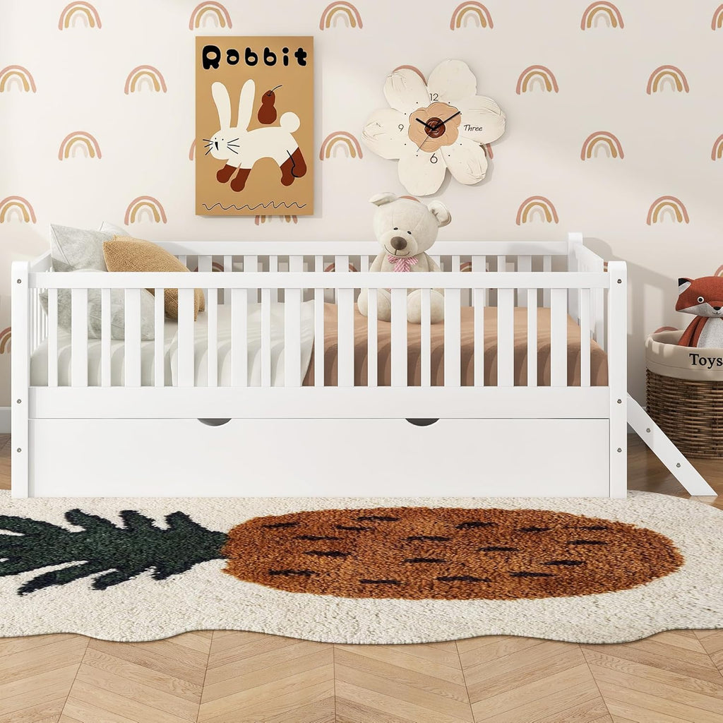 VilroCaz Twin Size Platform Bed with Guardrail and Trundle, Wood Kids Platform Bed Frame with Two-Step Ladder for Boys Girls, Sturdy Slats Support (White-1.26T)