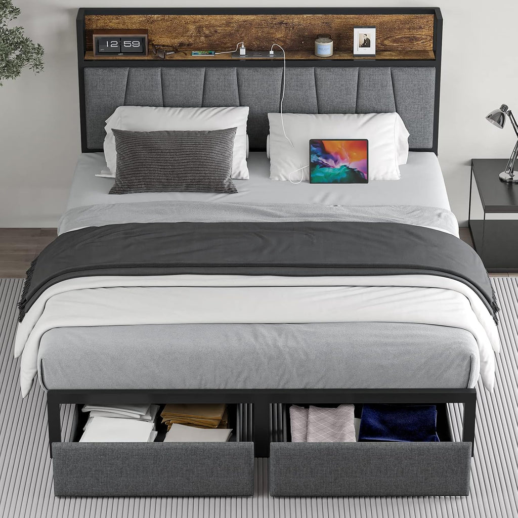 CIKUNASI Full Size Bed Frame with Headboard and Storage, Drawers Platform Bed Frame with Storage Chargin Station LED Light Bedframe, Heavy Duty, No Box Spring Needed