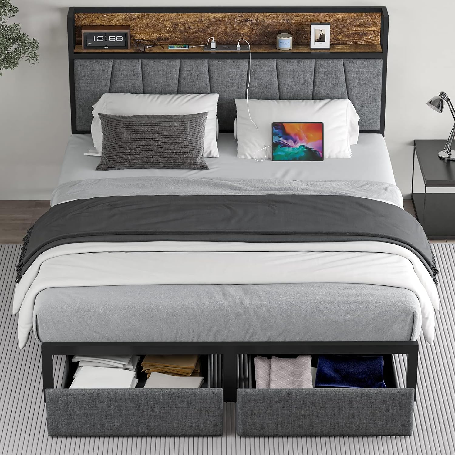 CIKUNASI Full Size Bed Frame with Headboard and Storage, Drawers Platform Bed Frame with Storage Chargin Station LED Light Bedframe, Heavy Duty, No Box Spring Needed