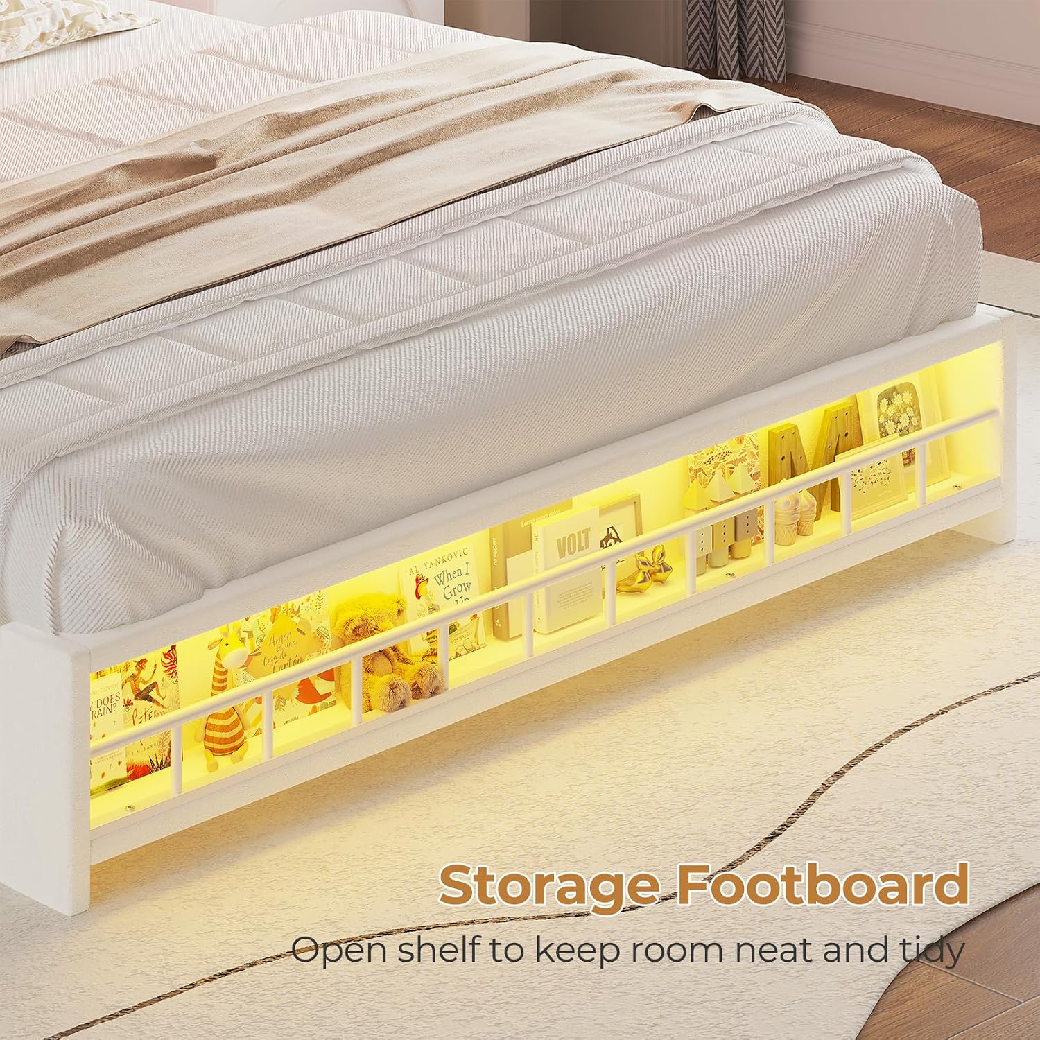 HAUOMS Full Size Bed Frame with LED Lights & 4 Drawers, Princess Velvet Upholstered Platform Bed for Girls, Headboard with Charging Station & Guardrail & Crystal Button, No Box Spring Needed, Beige