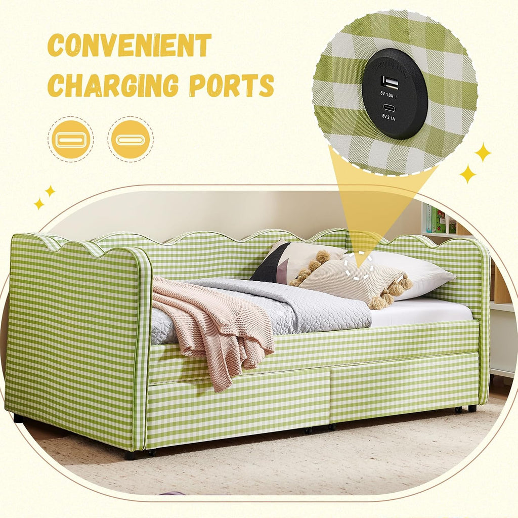 DEINPPA Twin Size Upholstered Daybed with 2 Storage Drawers, Gingham Daybed with USB Ports for Bedroom Living Room Guest Room-Green
