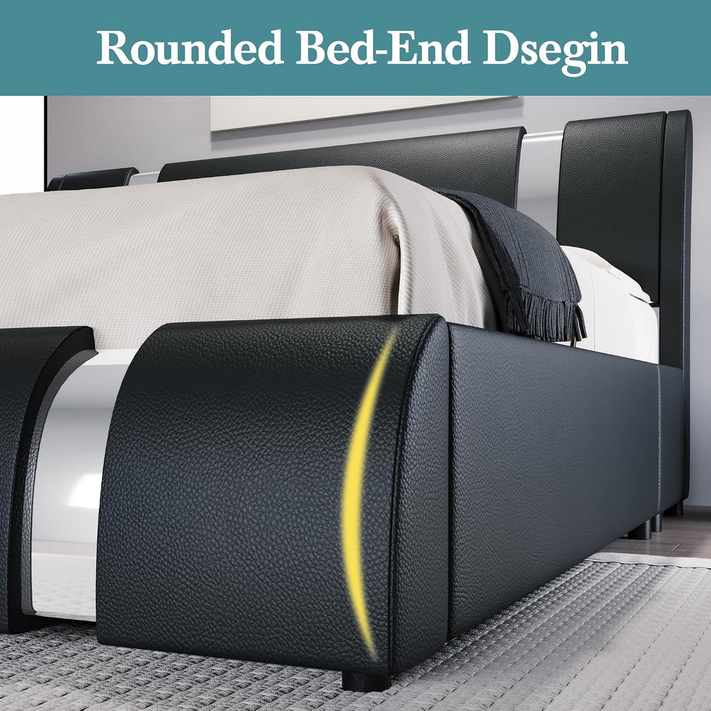 HOOMIC Modern King Faux Leather Bed Frame with Iron Pieces Decor, Low Profile Platform Bed with Height-Adjustable Headboard, Solid Wood Slat Support, No Box Spring Needed, Black