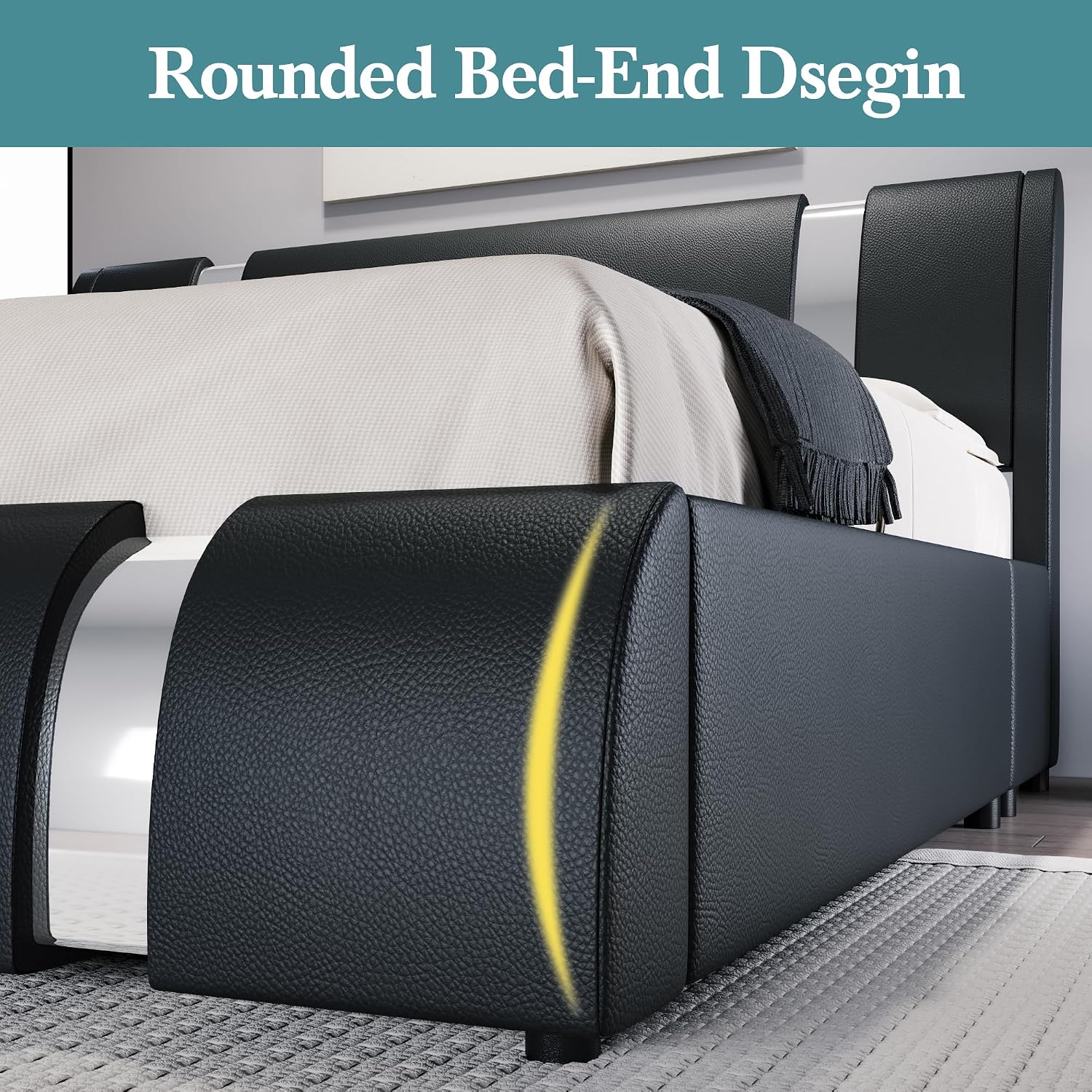 HOOMIC Modern King Faux Leather Bed Frame with Iron Pieces Decor, Low Profile Platform Bed with Height-Adjustable Headboard, Solid Wood Slat Support, No Box Spring Needed, Black