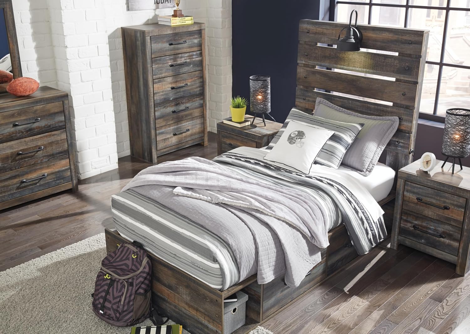 Signature Design by Ashley Drystan Rustic Twin Panel Platform Bed with 2 Storage Drawers, Open Cubbies, Sconce LED Light and USB Ports, Foundation or Box Spring Not Needed, Dark Brown & Gray