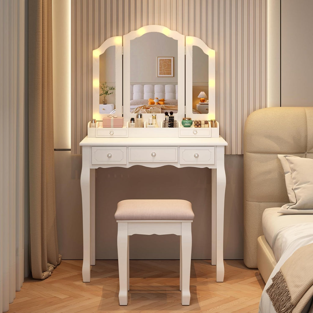 BLEXA Vanity Desk Set-White Vanity Desk with Mirror and Lights Vanity Table with Drawers and Cushioned Stool Makeup Table with Mirror for Women and Girls(White)