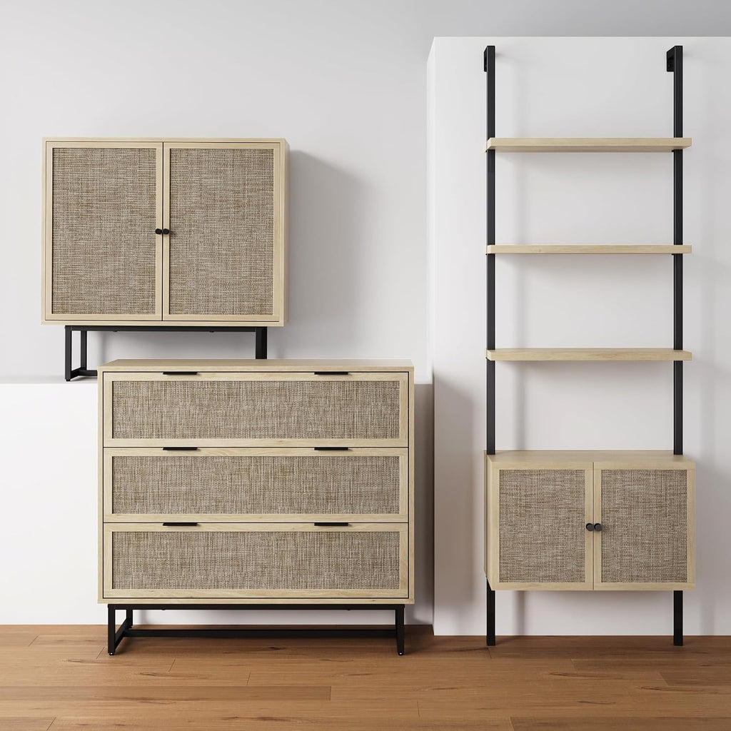 Nathan James Kova 3-Drawer Rattan Dresser or Boheminan Living Room Storage Cabinet with Textiline Rattan Accent and Metal Legs, Light Oak/Black