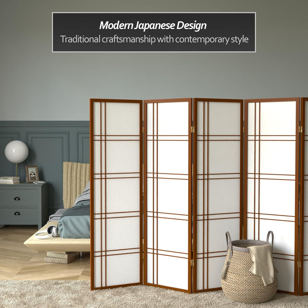Red Lantern 5 ft. Tall Double Cross Shoji Screen - Walnut - 5 Panels