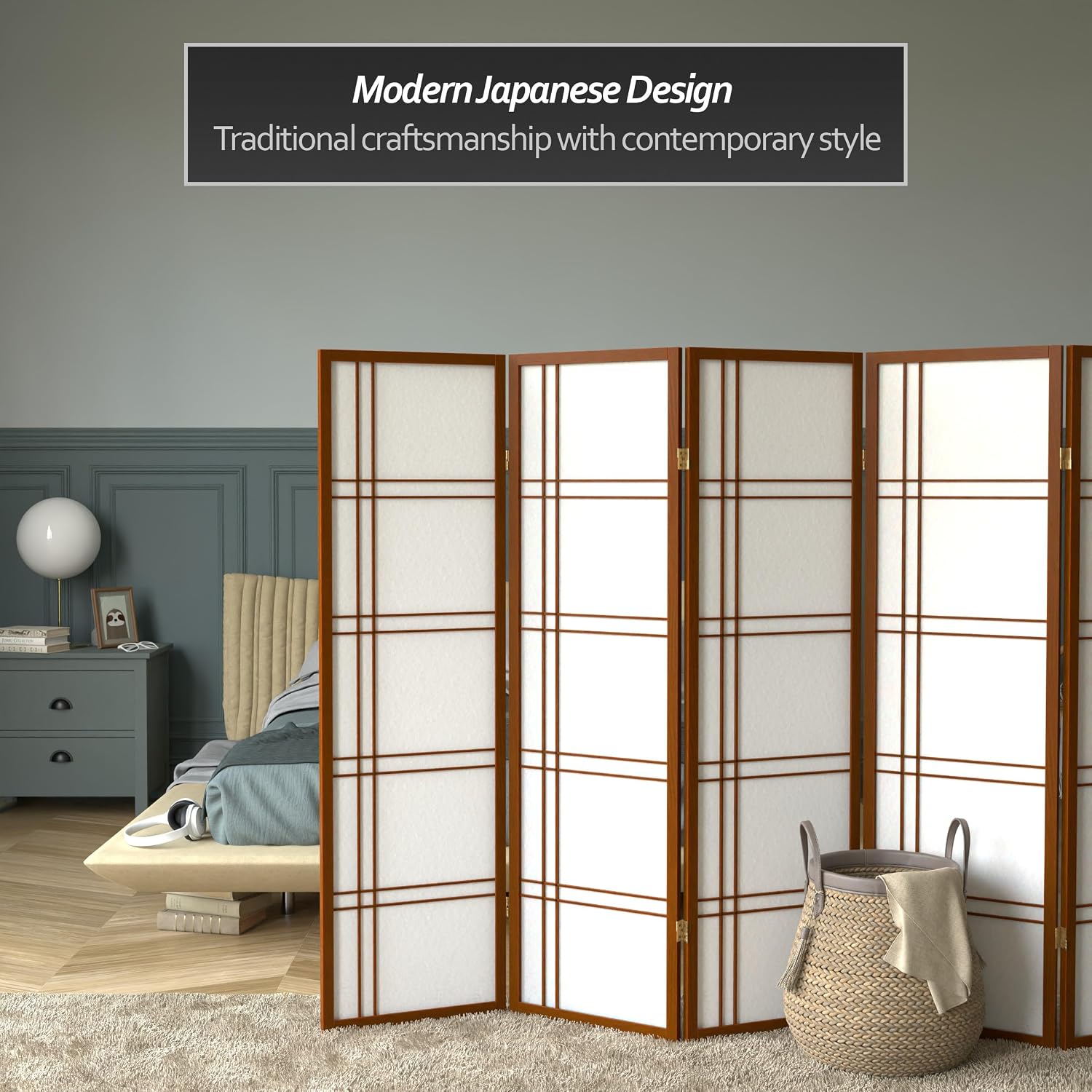 Red Lantern 5 ft. Tall Double Cross Shoji Screen - Walnut - 5 Panels