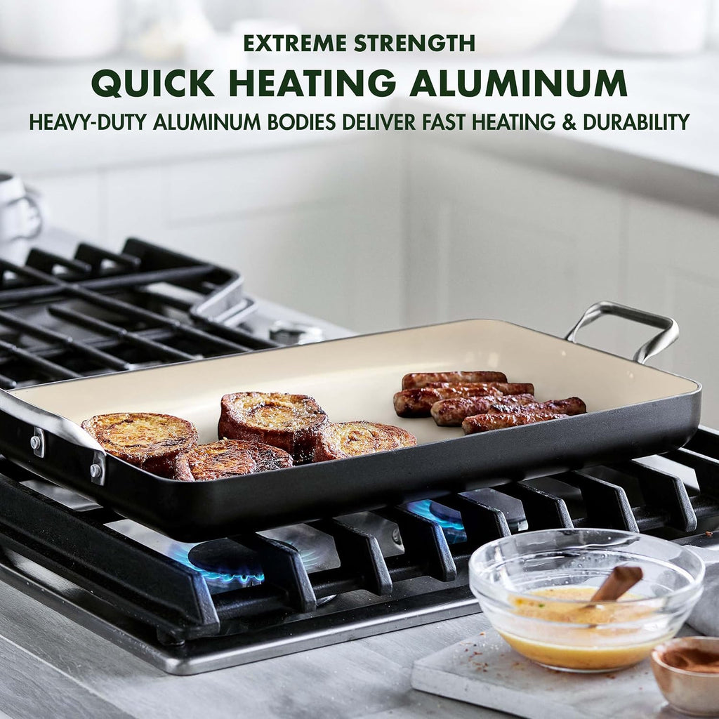 GreenPan 18'x11' Double Burner Griddle & 11' Square Grill Pan Bundle, Healthy Ceramic Nonstick, PFAS-Free