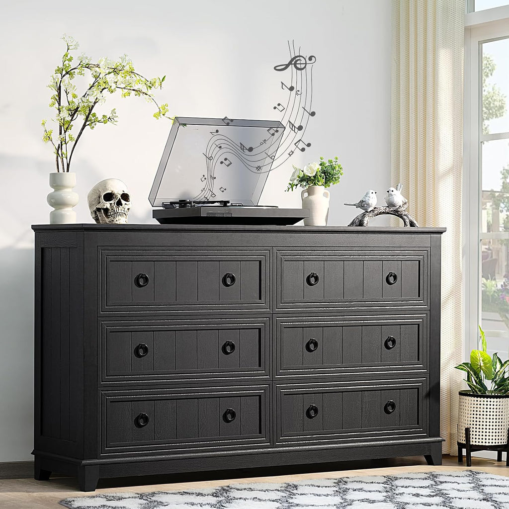 Joaxswe Farmhouse Furniture Set, Nightstands Set of 2 and 6 Drawers Dresser for Bedroom, 54 Inch Wide Wood Dresser and 18' Night Stands with Charging Station for Bedroom, Living Room, Hallway