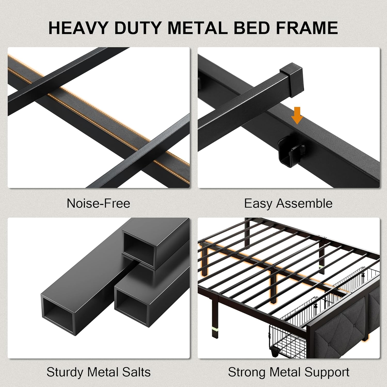 Einhomn Queen Bed Frame with 2 Storage Drawers, Metal Platform Bed with Charging Station, Upholstered Button Tufted Storage Headboard, No Box Spring Needed, Easy Assembly, Noise-Free, Grey