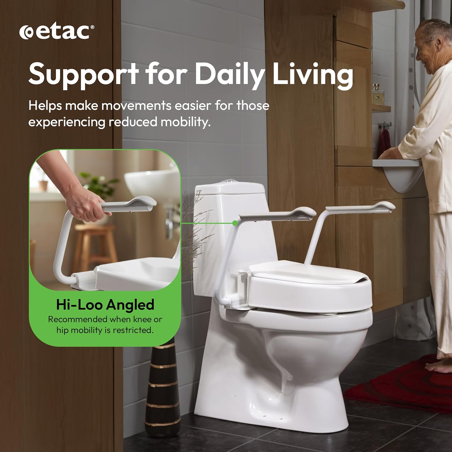 Etac Hi-Loo Fixed Toilet Seat Raiser – Stable & Comfortable Raised Toilet Seat with Foldable Arm Support, Fixed Mounting, Ergonomic Design, Fits Most Toilets – 10 cm (3.94 in) Height
