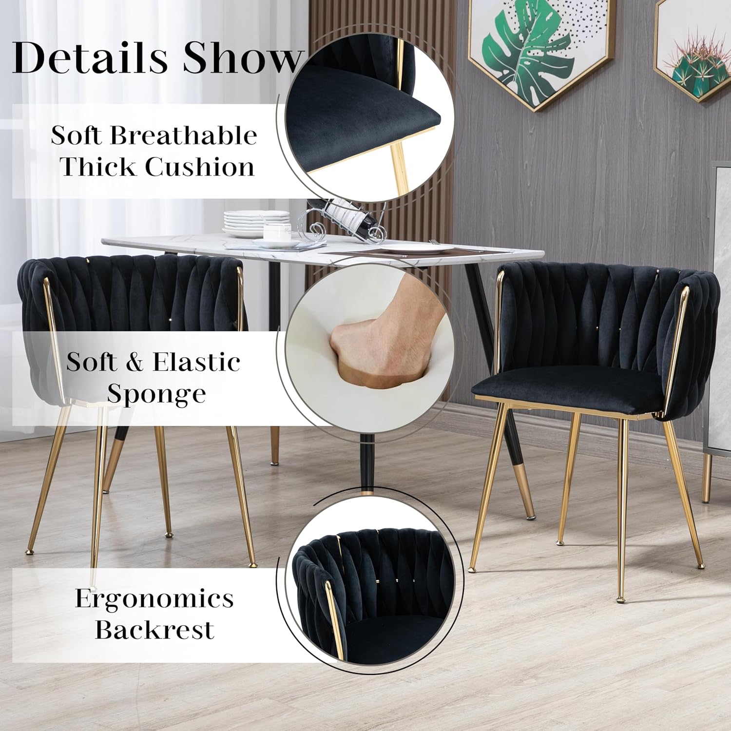 Modern Golden Round Dining Table Set, 36'' Clear Circle Glass Top Dinner Room Set, 3 PCS Luxury Circular Kitchen Table and Black Woven Chairs Set of 2, for Small Apartment Bedroom Leisure