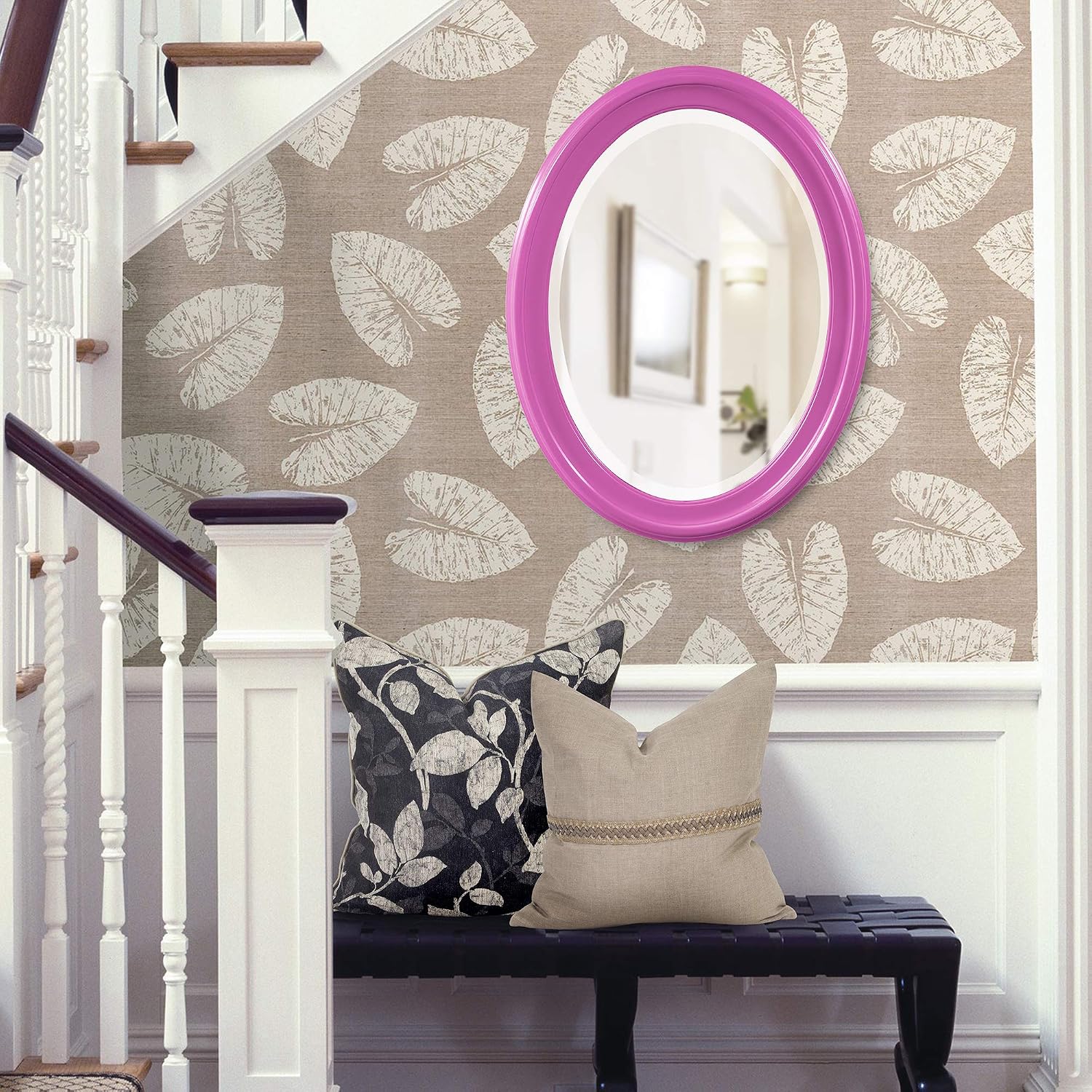 Howard Elliott Collection George Oval Glossy Hot Pink Wall Mirror, Oval Bevelled Hanging Wood Framed Vanity Mirrors for Home Decor, Living Room, Bathroom, Bedroom, or Hallway, 25 x 33 Inch