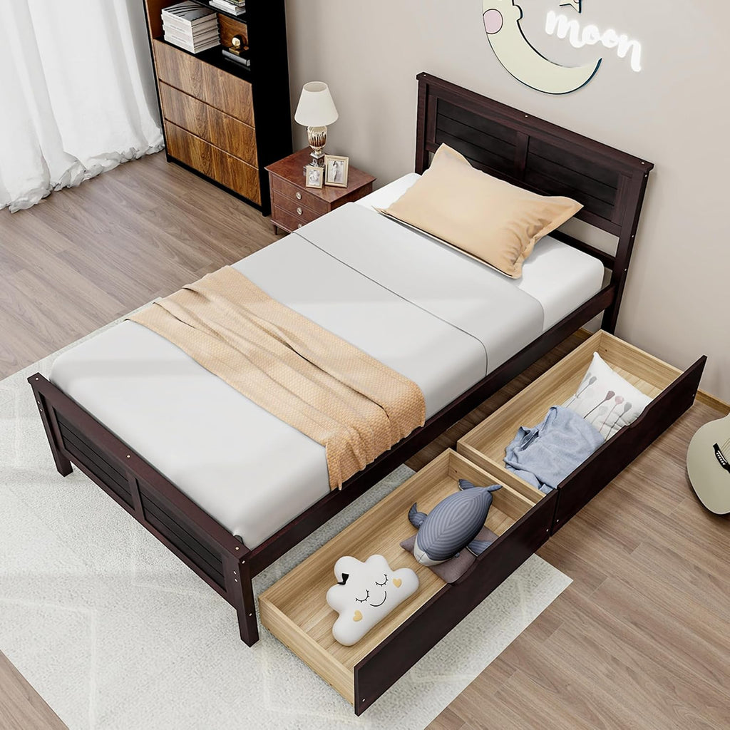 KOMFOTT Twin Size Wood Bed Frame with 2 Storage Drawers, Mid Century Platform Bed Frame with Headboard, Sturdy Wooden Slats Support, Modern Mattress Foundation, No Box Spring Required, Easy Assembly