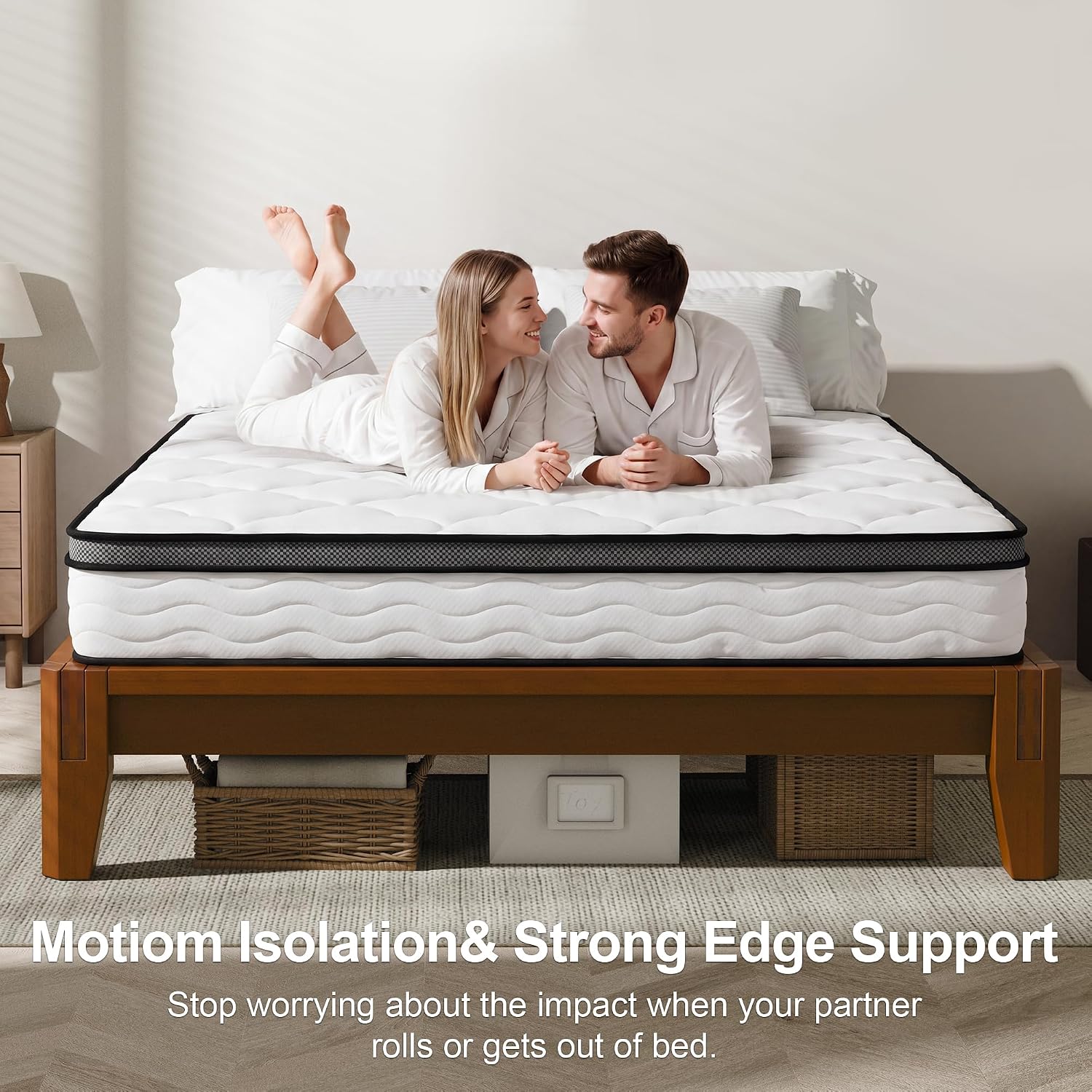 Dolonm Full Size Bamboo Bed Frame with 12' Mattress-Medium Hybrid Firm, Bed Frame and Mattress Set, Bamboo Mattress Topper, Pressure Relief, Motion Isolation（Walnut