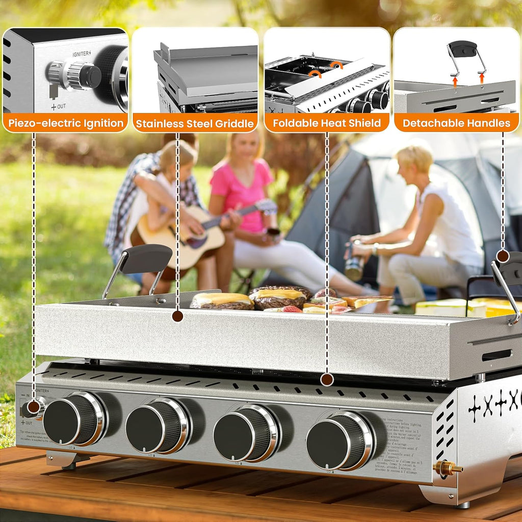 WAA Portable Propane Griddle, 32,000BTU Tabletop Portable Propane Gas Grill with 4 Burners, Stainless Steel Flat Top Grill, Outdoor Cooking for Tailgating,Camping, RVs, BBQ, Patio, Silver