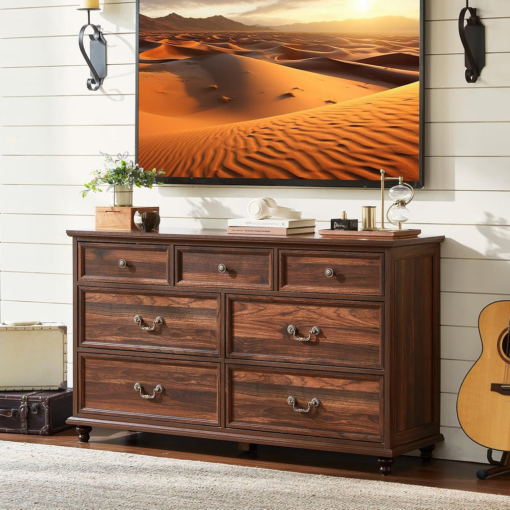 Joaxswe Bedroom Dresser Sets, 54' Wide 7 Drawers Dresser and 37' Tall 4 Drawers Dresser, Wooden 2 Piece Bedroom Furniture Set, Chest of Drawer for Bedroom, Home, Living Room, Hallway, Brown