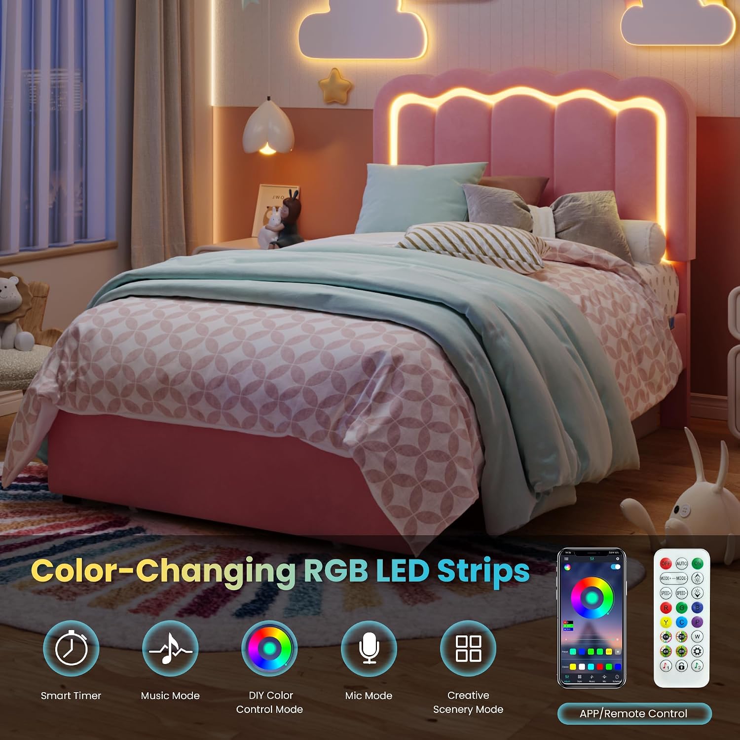 SHA CERLIN Upholstered Twin Size Bed Frame with LED Lights and Large Storage Drawer, Velvet Platform Bed with Adjustable Wavy Headboard, Noise Free, Easy Assembly, No Box Spring Needed, Soft Pink
