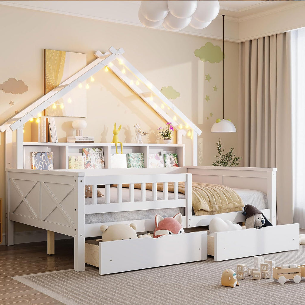 Bellemave Full House Platform Bed with Drawers Wood House Bed with Storage Shelves and LED Lights House Platform Bed Frame for Kids, Teens, Adults, No Spring Box Needed (White)