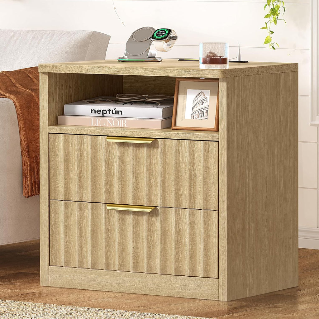 TEENFON Fluted Nightstands Set of 2, Night Stand with Charging Station and LED Light, Storage Drawer and Open Shelf, Modern Bedside Table for Small Space, for Bedroom, Natural