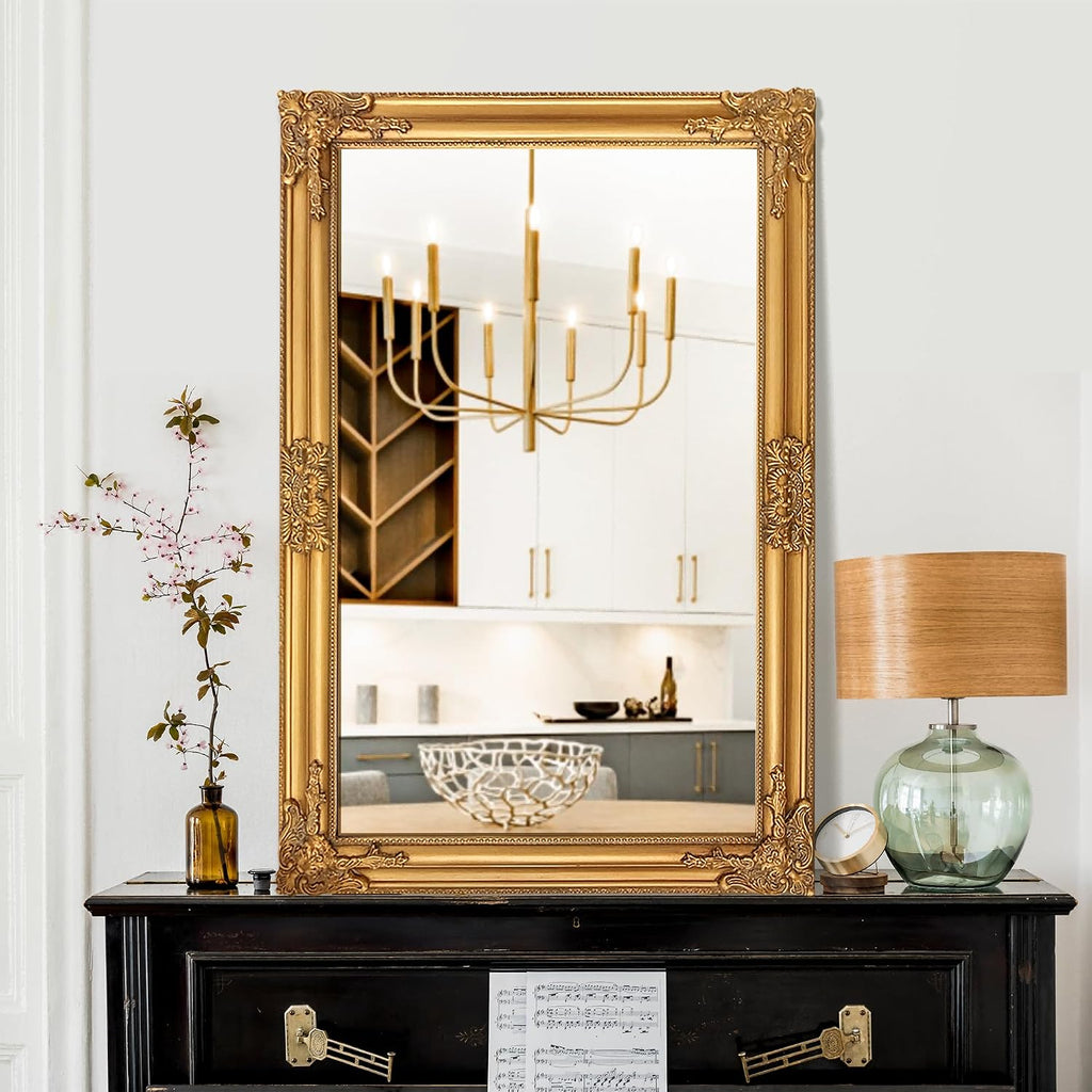 TRAHOME 24'x36' Vintage Gold Baroque Wall Mirror, Ornate Antique Style Decorative Mirror for Entryway, Living Room, Fireplace Mantel, Hallway