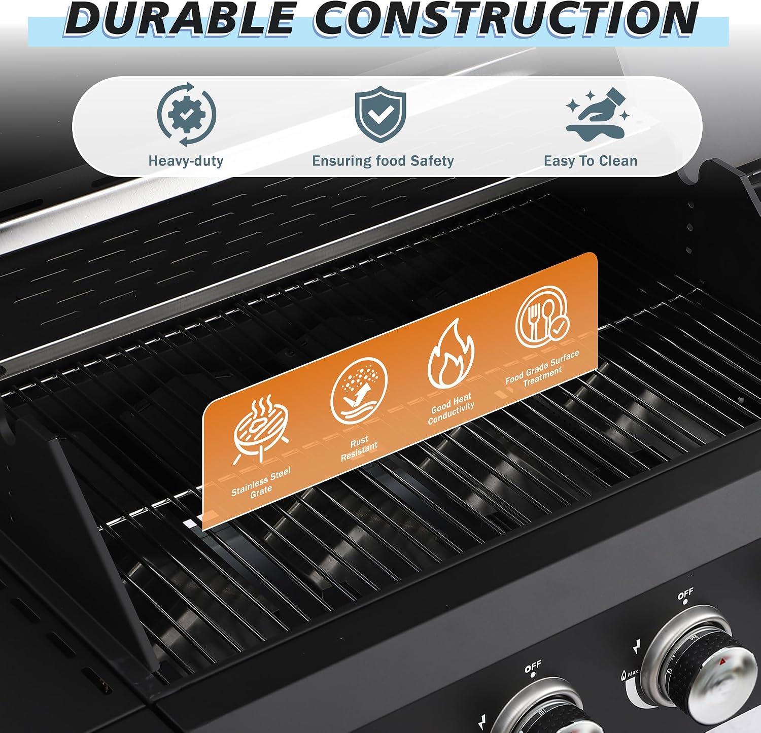 TITIMO 4 Burner Propane Gas Grill with Side Burner and Stainless Steel Grates, Portable Barbecue Grill with Side Table and Spice Rack, Outdoor Gas BBQ with Thermometer for Patio and Party, 50,000 BTU