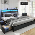 SADENICEL King Bed Frame with Storage Headboard and 4 Drawers, Metal Platform Bed Frame with LED Light, Charging Station, No Box Spring Needed, Noise Free, Easy Assembly, Rustic Grey