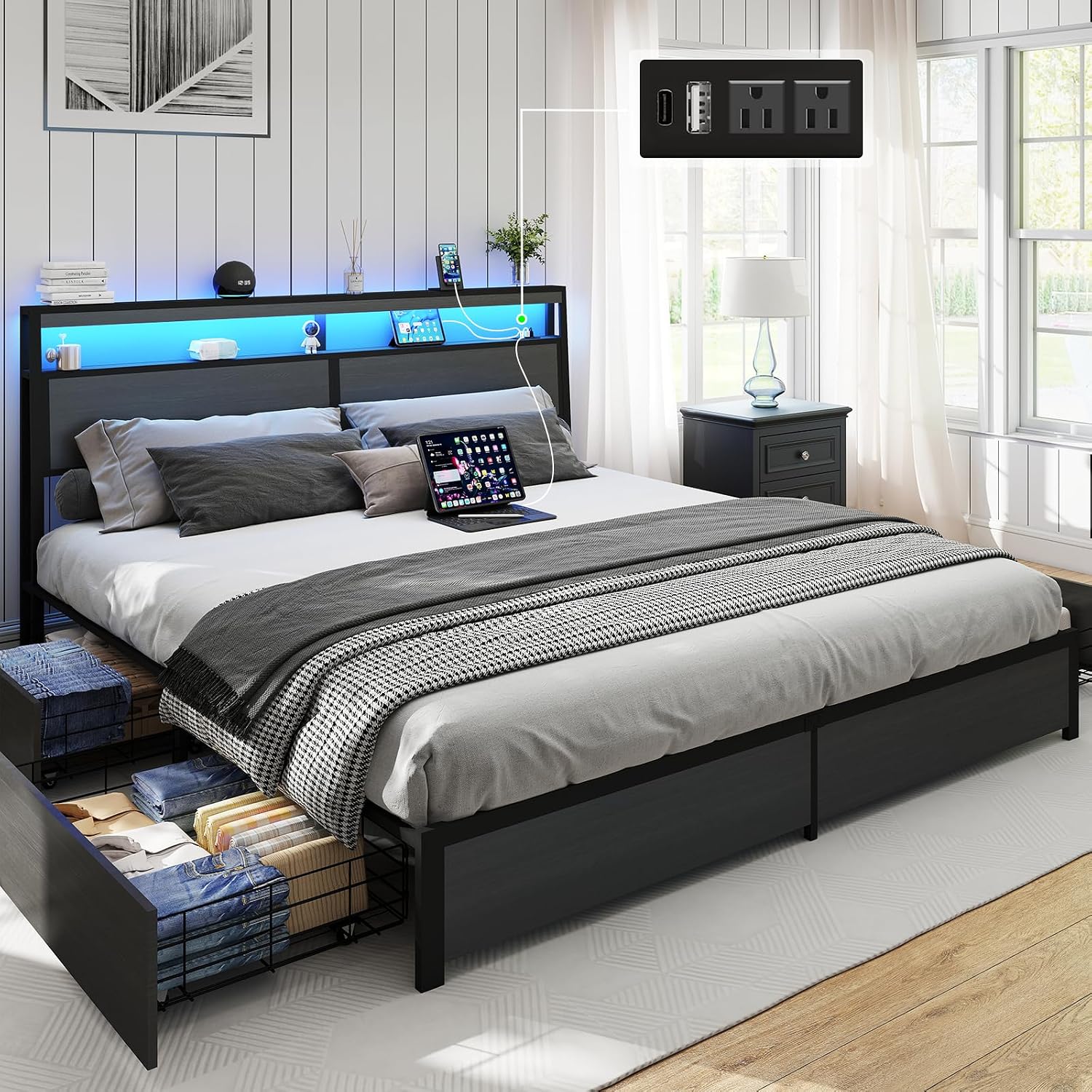 SADENICEL King Bed Frame with Storage Headboard and 4 Drawers, Metal Platform Bed Frame with LED Light, Charging Station, No Box Spring Needed, Noise Free, Easy Assembly, Rustic Grey
