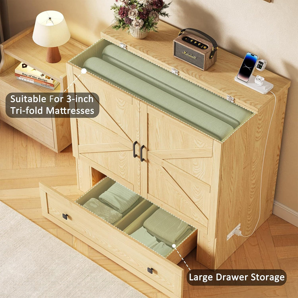 LIVAUVEAD Murphy Bed with Built-in Charging Station, Space-Saving Murphy Bed Chest Twin with Drawer, Foldable, for Home Office Guest Room Bedroom,Natural