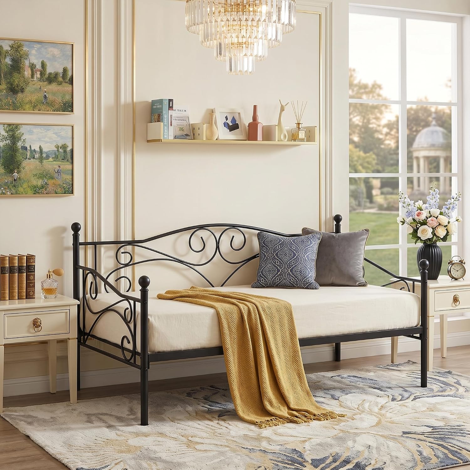 VECELO Daybed Frame, Twin Size Metal Platform Bed with Headboard,Heavy Duty Steel Slats Support for Living Room Bedroom Guest Room, Easy Assembly