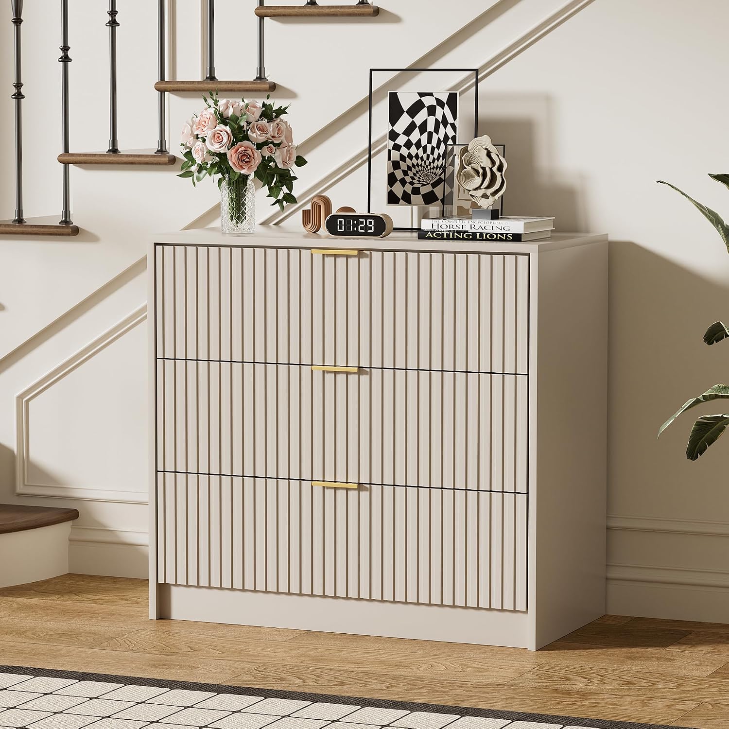 Furniway Beige Dresser Bedroom Set 3 Pieces, Nightstands Sets of 2, 6 Drawer Dresser with Gold Handles for Bedroom