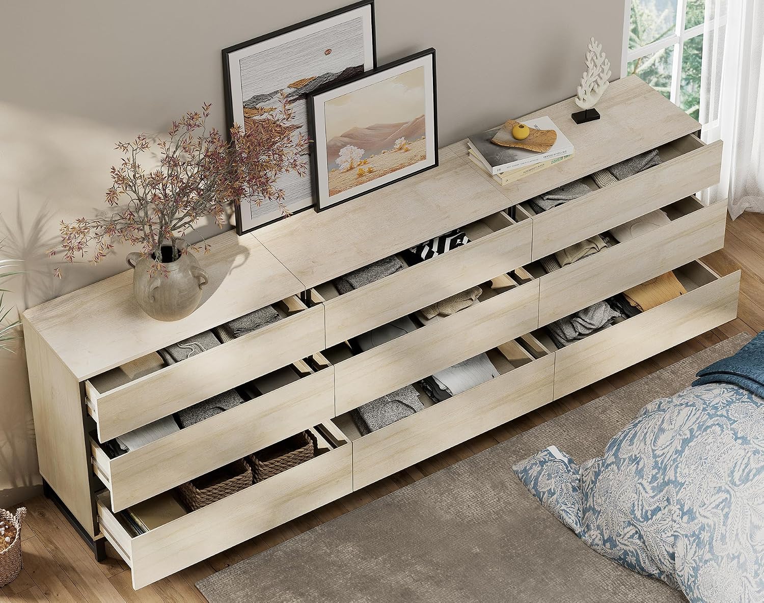 WAMPAT Dresser and Nightstand Set of 3, 94.5 Inches Dresser with 9 Drawers, 2 Nightstand with Drawer and Cabinet for Bedroom, Bedroom Furniture Set, Light Oak