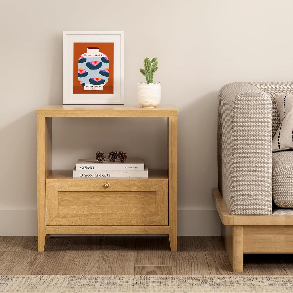 EYYTHUNG Wooden Nightstands Set of 2 with Drawer Modern 24' Wide End Table Night Stand Large Farmhouse Bedside Table with Open Shelf Mid Century Night Stands for Sofa, Natural Oak
