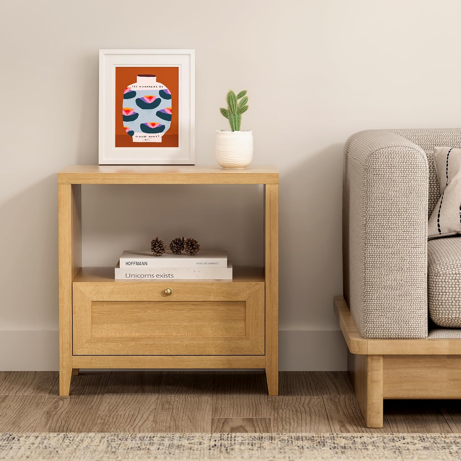 EYYTHUNG Wooden Nightstands Set of 2 with Drawer Modern 24' Wide End Table Night Stand Large Farmhouse Bedside Table with Open Shelf Mid Century Night Stands for Sofa, Natural Oak