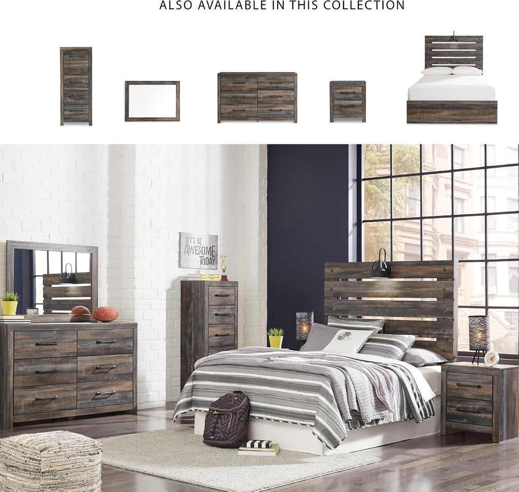 Signature Design by Ashley Drystan Rustic Full Panel Bed, Sconce LED Lights, USB Ports and Nailheads, Foundation or Box Spring Needed, Dark Brown & Gray