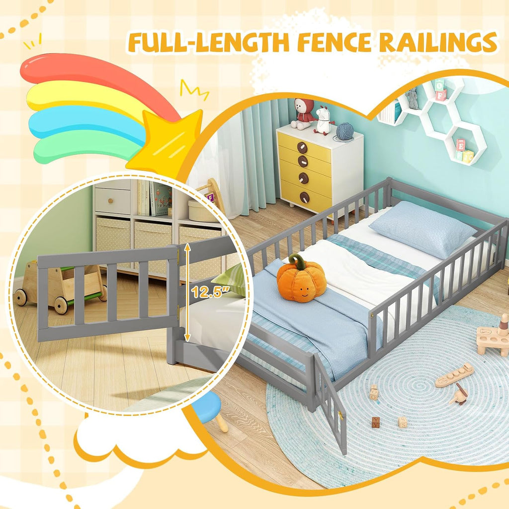 Giantex Twin Floor Bed with Fence for Kids, Wooden Montessori Bed Frame with Lockable Door & Guardrails, Low Floor Beds for Kids, Boys, Girls, No Box Spring Needed, Without Wood Slats, Grey