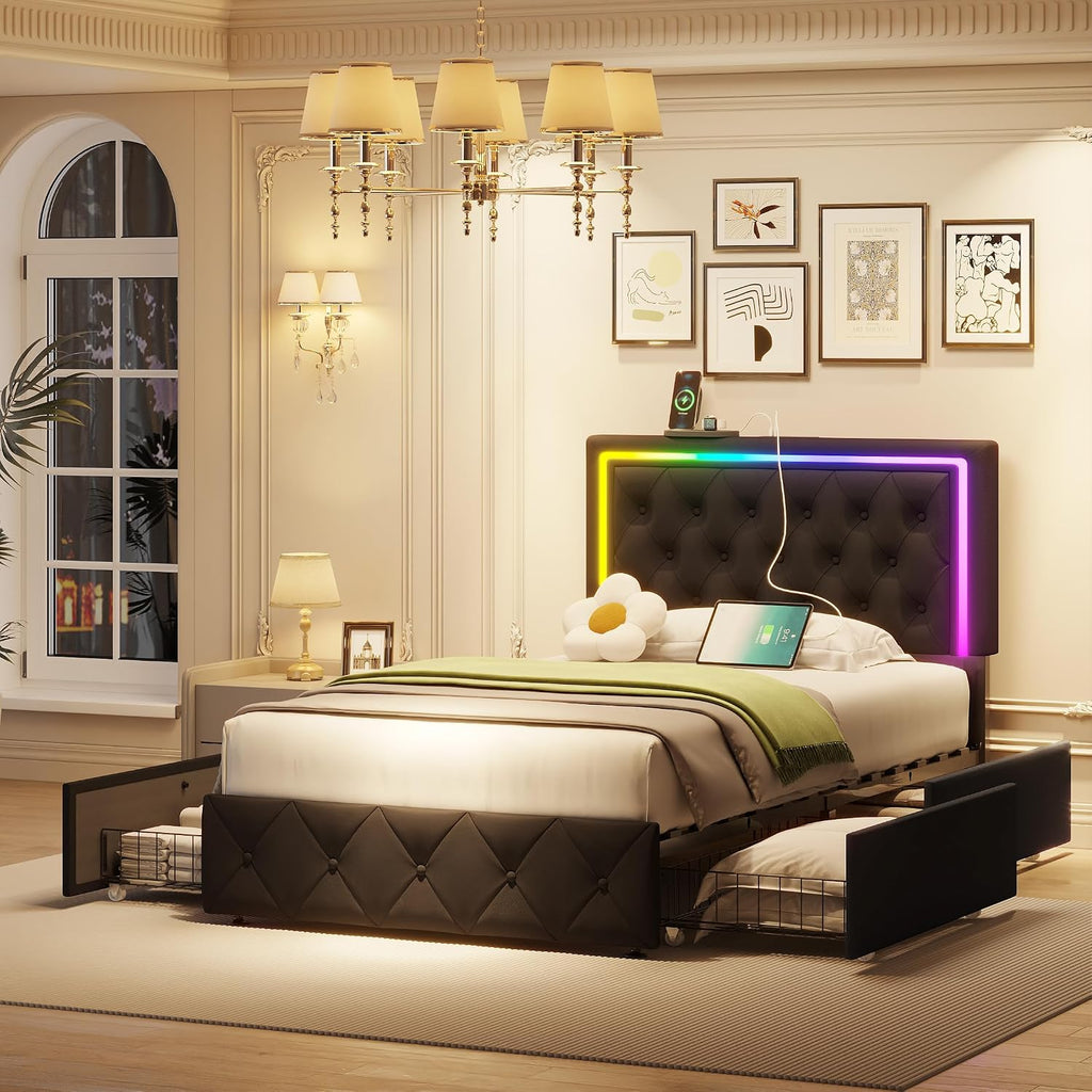 LED Twin Bed Frames with Headboard and Storage,Twin Size Bed Frames with 4 Storage Drawers and LED Lights,Velvet Upholstered Platform Twin Bed Frame with Charging Station,No Box Spring Needed,Black