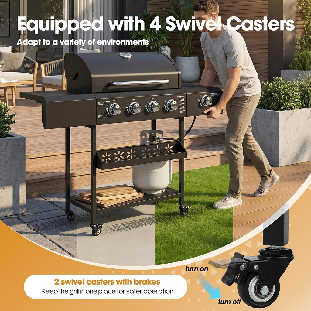 4-Burner Propane Gas BBQ Grill with Side Burner, 50,000 BTU Outdoor Portable Barbecue Grill w/Stainless Steel Grates, Side Table, Spice Rack & Wheels for Outdoor Cooking Patio Backyard Camping