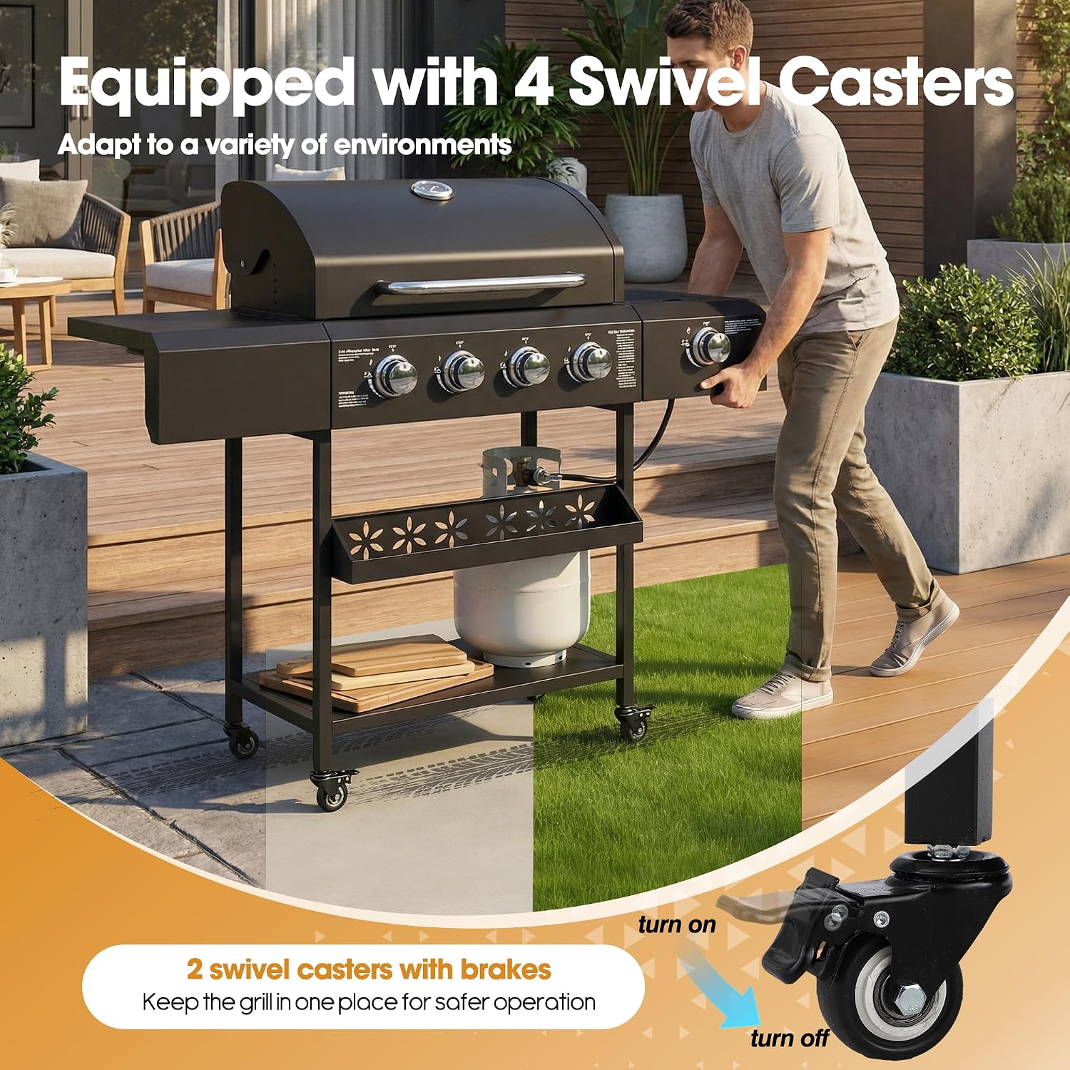 4-Burner Propane Gas BBQ Grill with Side Burner, 50,000 BTU Outdoor Portable Barbecue Grill w/Stainless Steel Grates, Side Table, Spice Rack & Wheels for Outdoor Cooking Patio Backyard Camping
