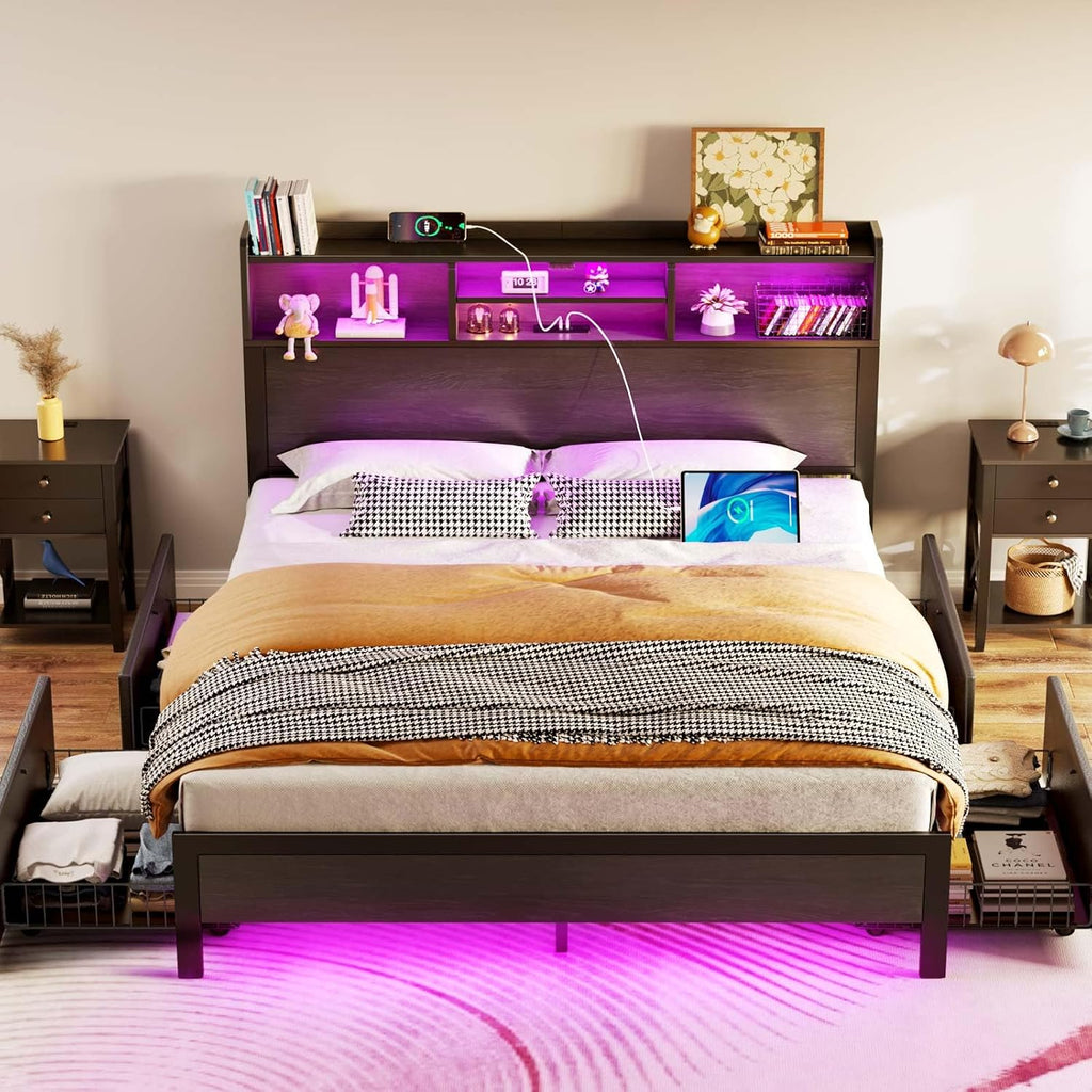 Rolanstar Full Bed Frame with Storage,4-Drawer Platform Bed with USB Charging Station,Built in LED Lights and Bookcase Headboard,No Box Spring Needed,Easy Assembly,Noise-Free,Black