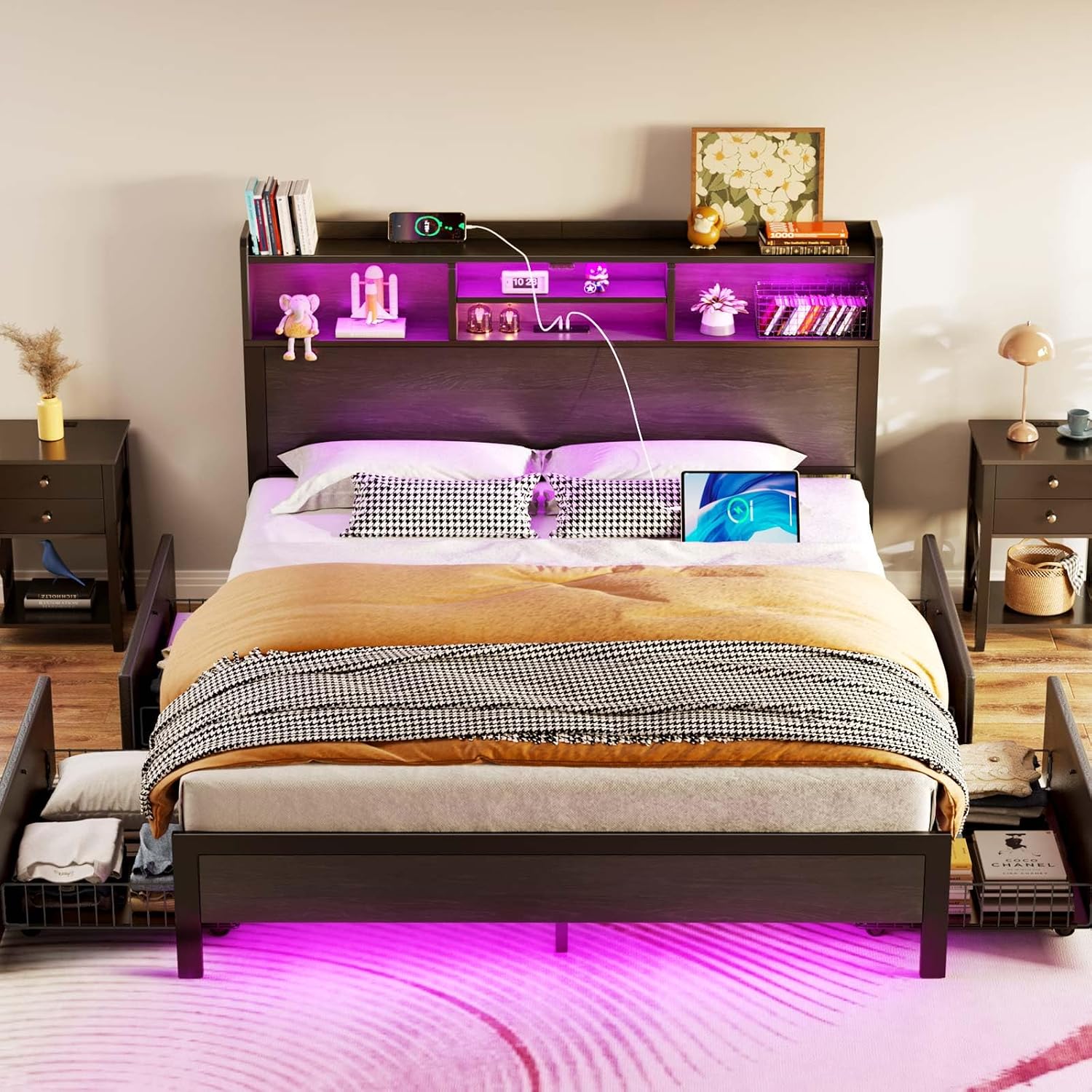 Rolanstar Full Bed Frame with Storage,4-Drawer Platform Bed with USB Charging Station,Built in LED Lights and Bookcase Headboard,No Box Spring Needed,Easy Assembly,Noise-Free,Black